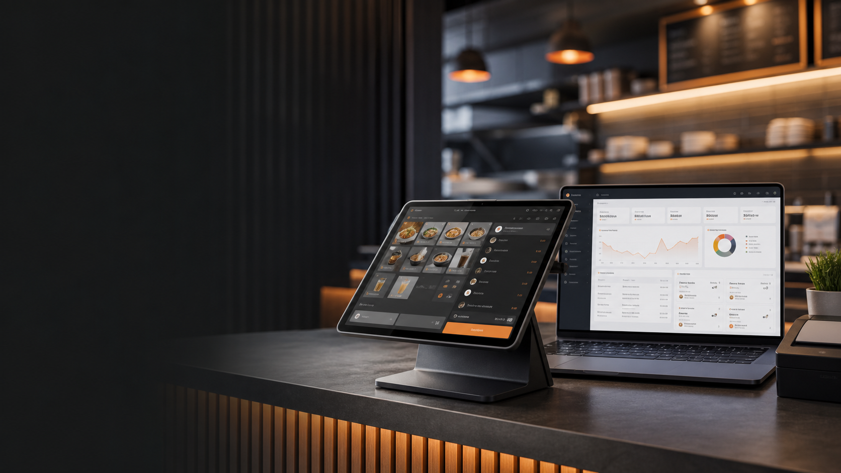ChronosPOS tablet and backoffice dashboard in a restaurant service environment